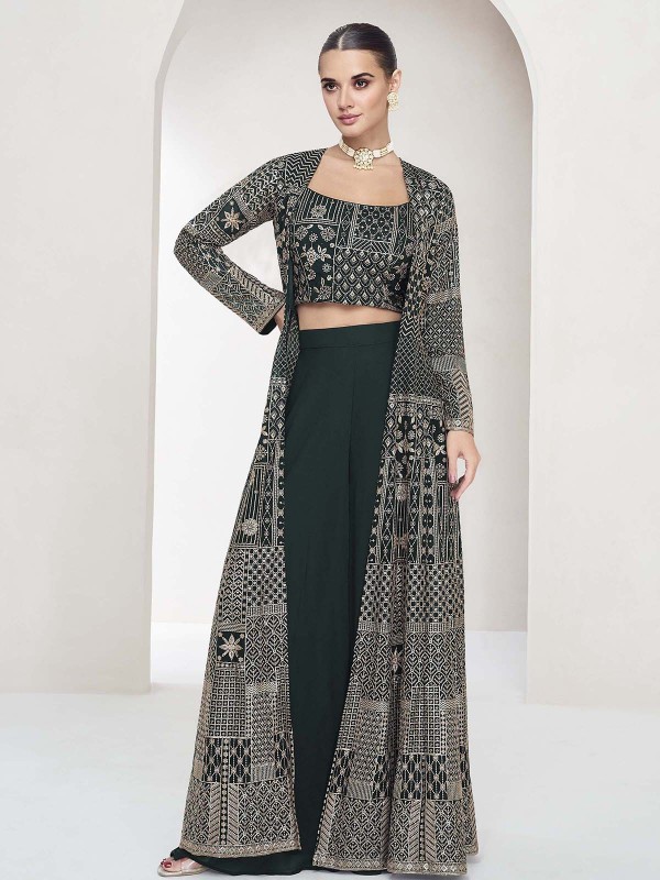 Dark Green Real Georgette Shrug Style Plazzo With Choli